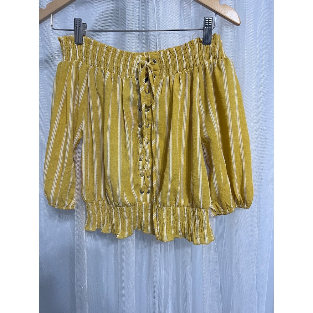 Love Culture Yellow White Stripe Off Shoulder Lace Up Smocked Top Size Small
